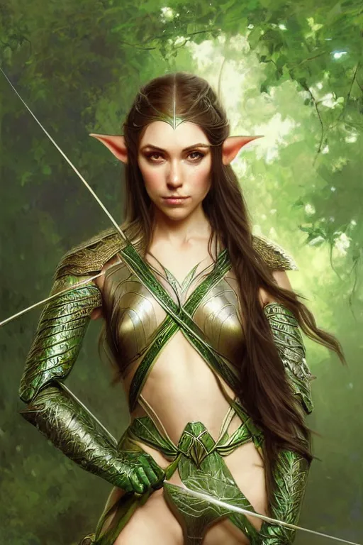 Image similar to male elven Archer armor made of green leaves, fantasy, amber eyes, face, long hair, intricate, elegant, highly detailed, digital painting, artstation, concept art, smooth, sharp focus, illustration, art by artgerm and greg rutkowski and alphonse mucha