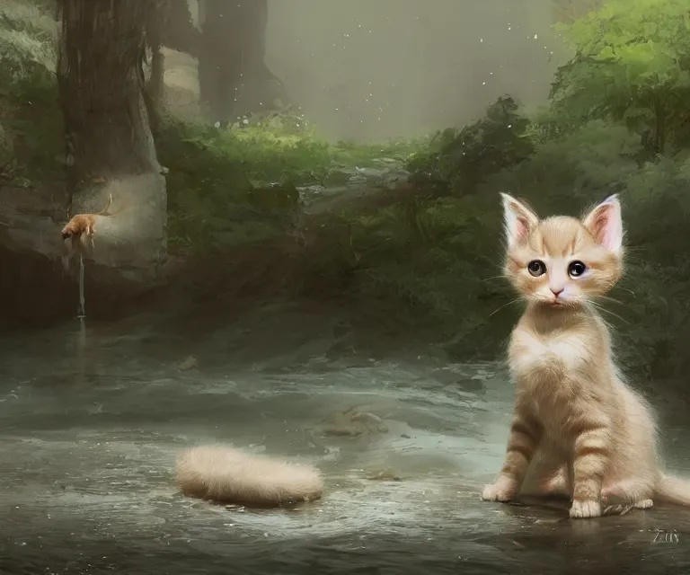 Prompt: a painting of a cute light beige brown kitten at a river. character design by cory loftis, fenghua zhong, ryohei hase, ismail inceoglu and ruan jia. volumetric light, detailed, rendered in octane