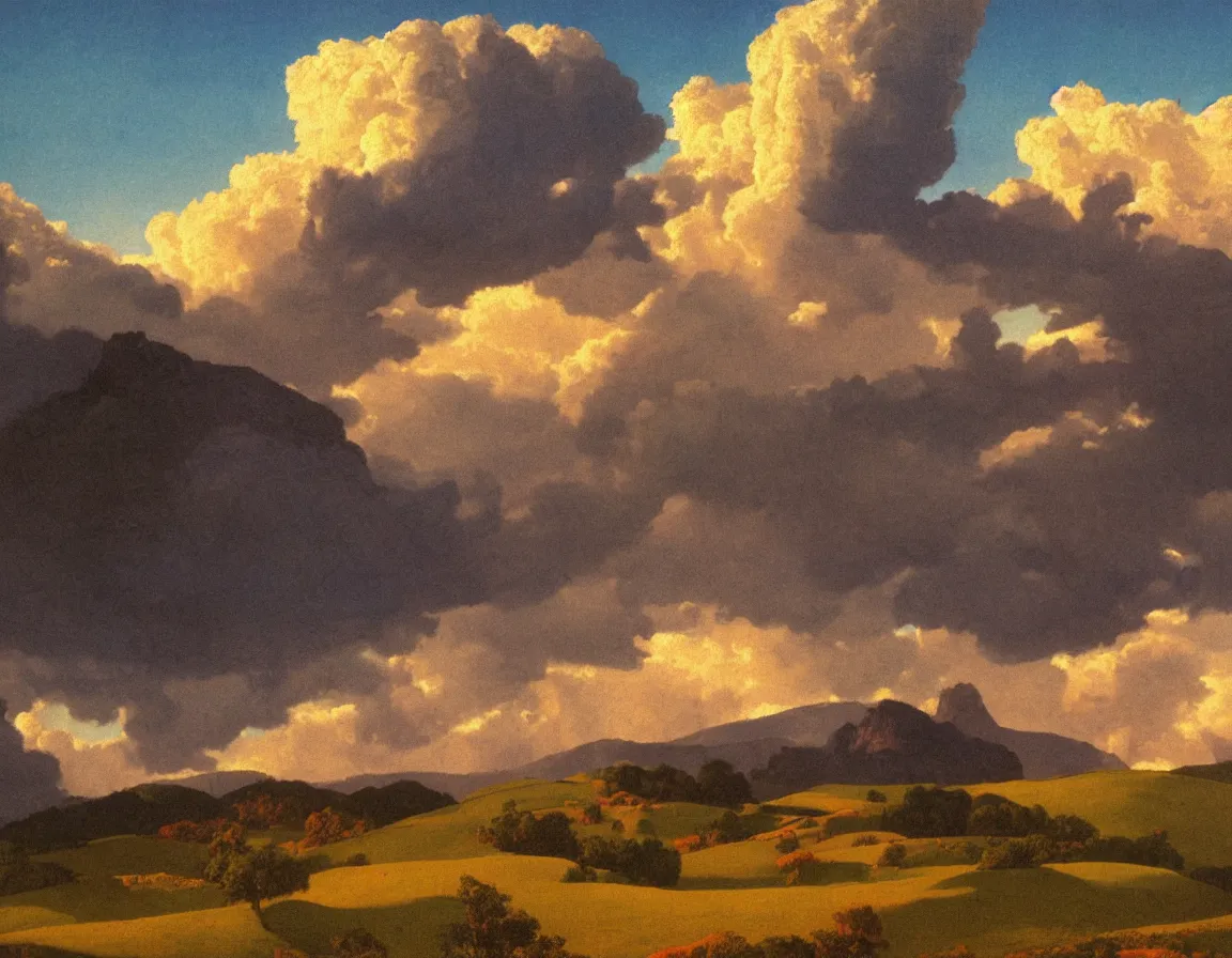 Prompt: sunlit cumulonimbus clouds approach over background mountains towards a hilly, grassy field with sparse trees at sunset, very detailed, style of maxfield parrish