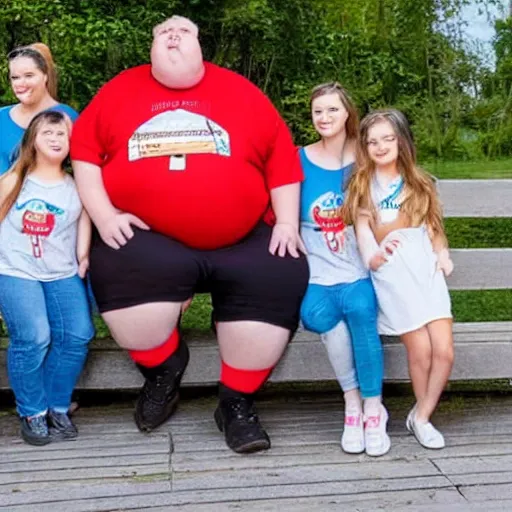 Image similar to very obese man with a t-shirt and a cap with the letter P, with his brunette wife and two daughters