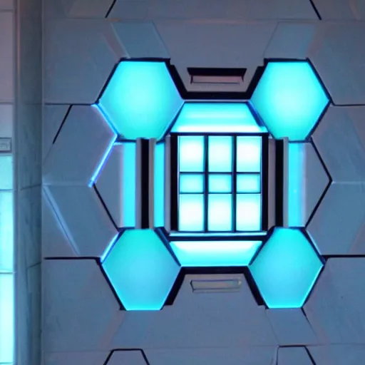 Image similar to a blue hexagonal door from the movie tron : legacy