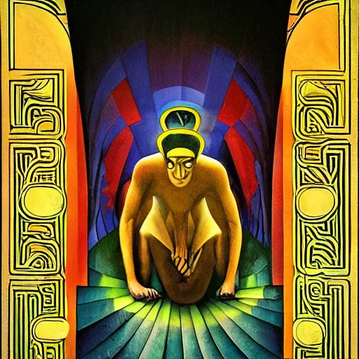 Prompt: the shaman of the subway, an art deco painting by leo and diane dillon and diego rivera, dramatic lighting, god rays, smooth, sharp focus, highly detailed