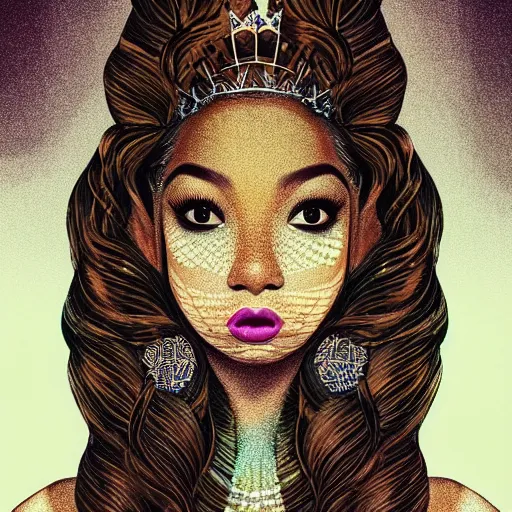 Prompt: vintage portrait of modern mermaid queen, zoom, rule of thirds, atmosphere, intricate, regal, latinas, ( brown skin ), symmetrical!!, loreal, maybelline, sephora, loreal, artstation, art by hayao myazaki, ( ( cinematic ) ) concept art, filmic, vsco