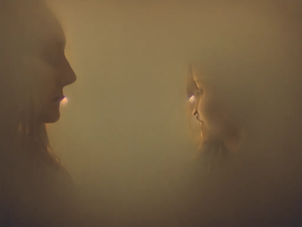 Image similar to close up portrait bust of woman, solemn expression, faded color film, russian cinema, tarkovsky, kodachrome, heavy forest, wood cabin in distance, deep depth of field, long brown hair, old clothing, heavy fog, atmospheric haze, brown color palette, sunset, low light, hudson river school, 4 k, dramatic lighting