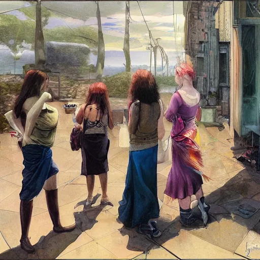 Prompt: group of women come out of hiding to look at the viewer, by jon foster