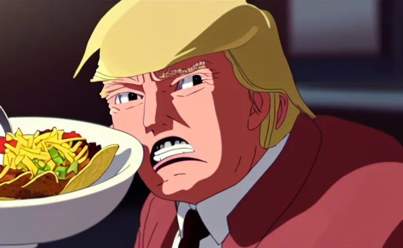 Image similar to beautiful makoto shinkai anime style digital film still portrait of donald trump eating a taco bowl, 4 k, 8 k, hd, high resolution, highly detailed, intricate detail, ultra realistic faces, digital art, trending on artstation, your name, weathering with you