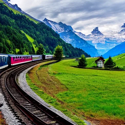 Prompt: a beautiful scenery in switzerland with a lot of trains