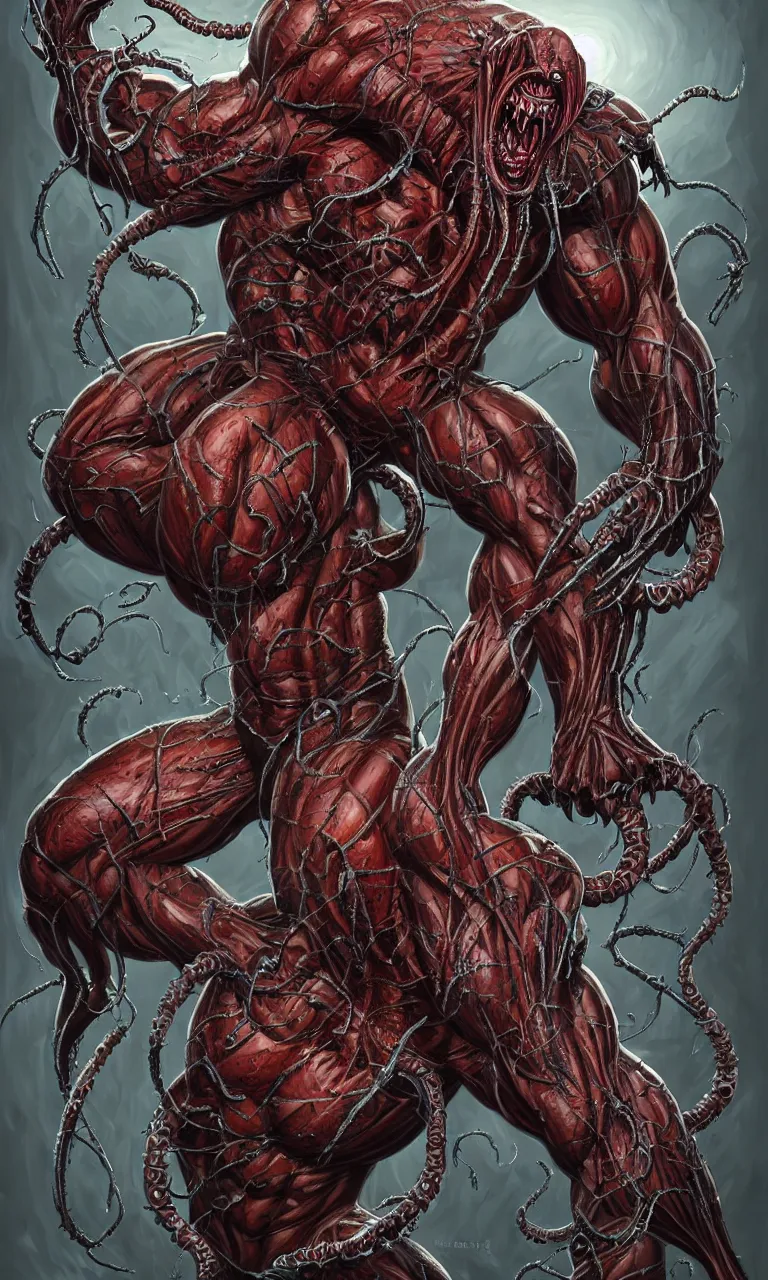 Prompt: hyper realistyc anatomically acurate full body long shot of bodybuilder venom from marvel comics!!!!, large mouth with teeth, lovecraftian horror, fantasy, intricate, elegant, highly detailed, digital painting, artstation, concept art, matte, sharp focus, illustration, art by glenn fabry