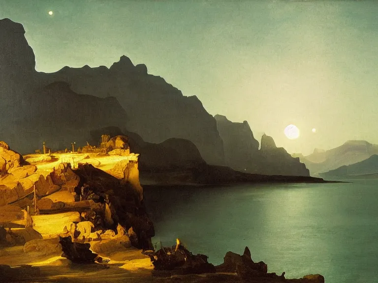 Image similar to an oil painting of a coastline on an alien planet with a mountain range at dusk with aurora lighting up the sky by carl spitzweg and tuomas korpi. baroque elements, full-length view. baroque element. intricate artwork by caravaggio. Trending on artstation. 8k