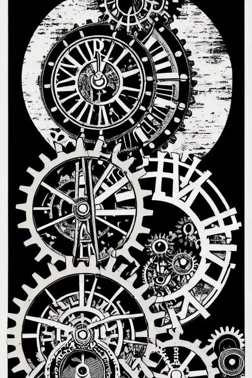 Image similar to steampunk gears, and eternal clock without numbers, dark and gothic, full frame,, art by james o barr and albrecht durer and piranesi, surreal woodblock print, black and white, vector, vector art