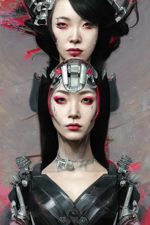 Image similar to > professional dynamtic portrait of female an agile geisha cyberpunk in a dynamic pose , armor elements , long red hair, beautiful bone structure, symmetrical facial features, intricate, elegant, digital painting, concept art, smooth, sharp focus, illustration, by Ruan Jia and Mandy Jurgens , and mucha, and Artgerm and William-Adolphe Bouguerea