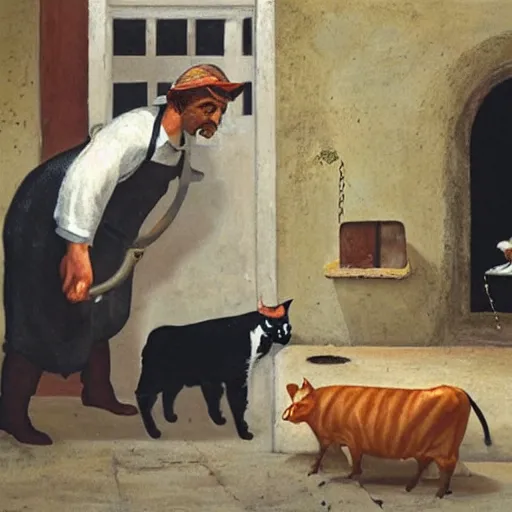 Image similar to butcher giving milk to a cat, while being watched by a cow