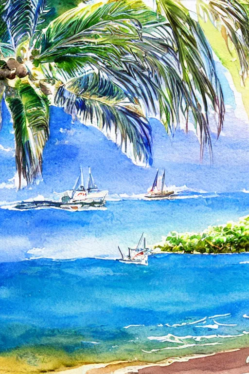 Image similar to watercolor painting of realistic hawaii coast, summer period with boats, watercolor, tonal colors, natural lighting, blue.