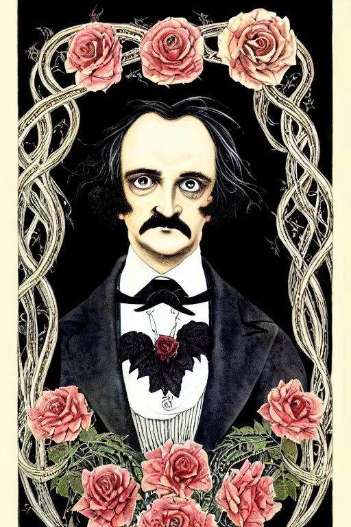 Image similar to realistic portrait of edgar allen poe in the center of an ornate black rose flower frame, detailed art by kay nielsen and walter crane, illustration style, watercolor