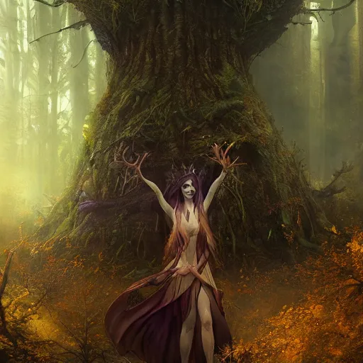 Image similar to cinematic portrait of a, dryad priestess, inspired by brian froud, inspired by dungeons and dragons, in an evening autumn forest, art station, sunset evening lighting, ominous shadows by jessica rossier and greg rutkowski