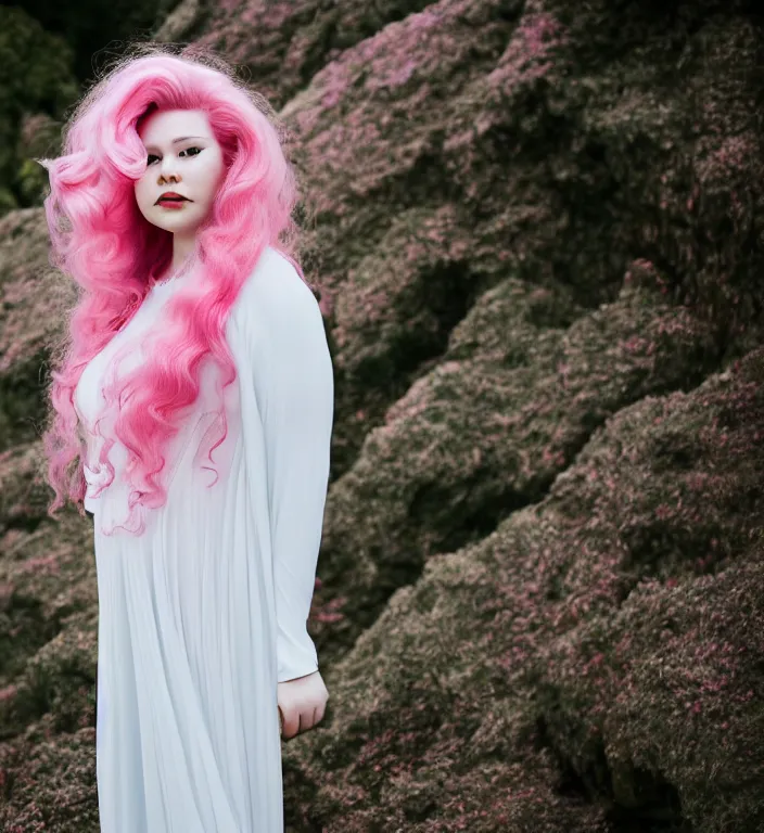 Image similar to a photograph of rose quartz from steven universe, portrait photography, 8 5 mm, iso 4 0 0, focus mode, detailed portrait, gigantic tight pink ringlets, huge pink hair, plus size, extremely beautiful and ethereal, white dress, gorgeous, kind features, beautiful woman, flattering photo, daylight