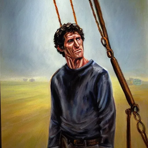 Prompt: todd howard about to be hanged for his crimes, oil painting, tragic, sorrowful.