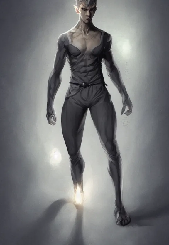 Image similar to a cute calm handsome young adult male muscular slim blu skin elf with grey light tight clothes concept art in the style of lee bermejo and greg rutkowski