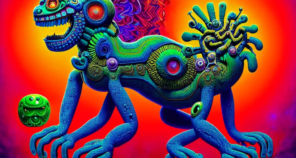 Prompt: portrait of a giant cartoon alien lion as a psychedelic neural tiki reptile stone god, chilling on the sofa, by naoto hattori, android jones, and chris dyer, deep bold colors, galactic dmt entity, depth of field, intricate beautiful painting, billions of details, octane render, portal, 8 k, detailed vector, trending on artstation, cgisociety