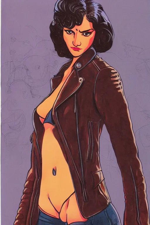 Image similar to portrait of an attractive young female protagonist, center focus, wearing leather jacket, in city street, detailed face, artwork by ralph bakshi