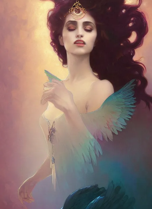 Image similar to ombre velvet gown, beautiful elegant bird woman with wings, portrait, dramatic light on face, long hair, tiara, dozens of jeweled necklaces, by greg rutkowski, brom, anato finnstark, alphonse mucha