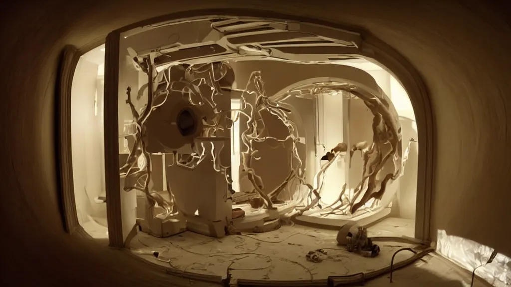 Image similar to an mri image open mri exposed uncovered machine portal in the living room, film still from the movie directed by denis villeneuve with art direction by salvador dali, wide lens