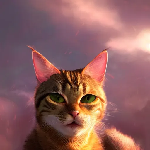 Image similar to tabby cat, golden hour, fantasy, sharp focus, digital art, hyper realistic, 4 k, unreal engine, highly detailed, hd, dramatic lighting by brom, trending on artstation, goku hairstyle