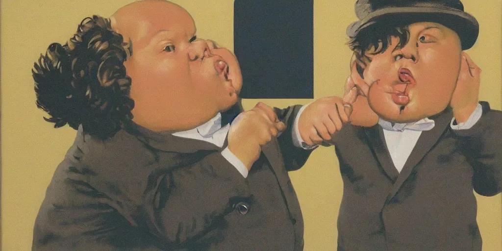 Image similar to Chunk doing the truffle shuffle in the style of Rene Magritte,