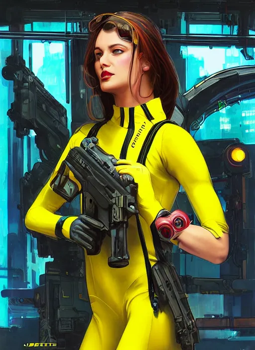 Prompt: beautiful cyberpunk female athlete in yellow jumpsuit. cyber chick firing a futuristic red automatic pistol with huge magazine. ad for pistol. cyberpunk poster by james gurney, azamat khairov, and alphonso mucha. artstationhq. gorgeous face. painting with vivid color, cell shading. ( rb 6 s, cyberpunk 2 0 7 7 )