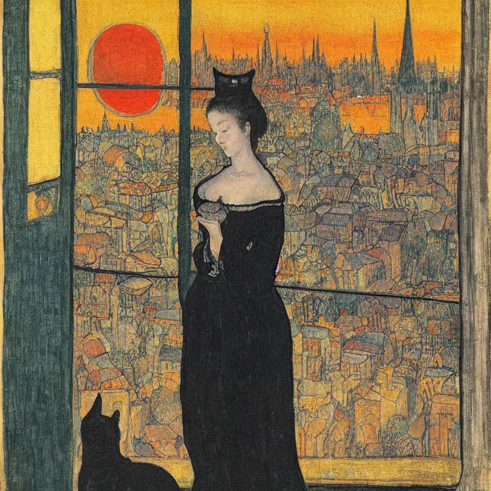 Image similar to close portrait of woman in night gown with cat, with city with gothic cathedral seen from a window frame with curtains. sunset. lucas cranach, bonnard, henri de toulouse - lautrec, utamaro