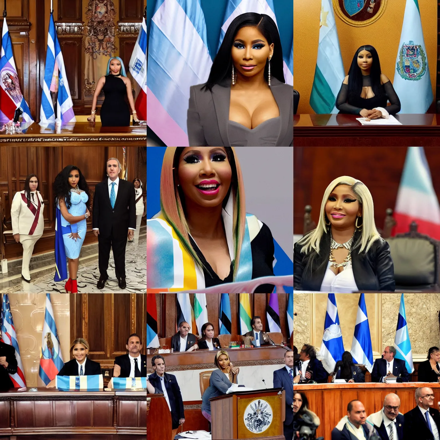 Image similar to Nicki Minaj president of Argentina, in the Argentine Congress, flags of Argentina behind, detailed picture