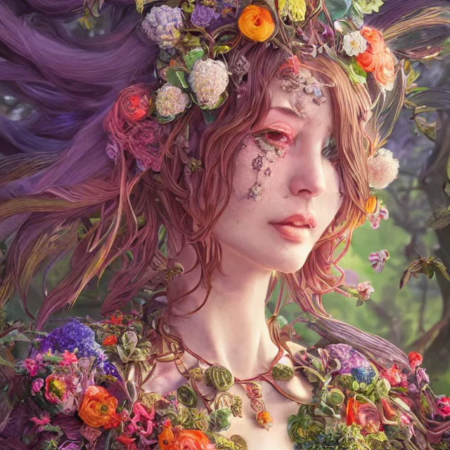 Prompt: the portrait of chaotic good female colorful druid botanist as absurdly beautiful, gorgeous, elegant, young gravure idol, an ultrafine hyperdetailed illustration by irakli nadar, james jean, intricate linework, sharp focus, bright colors, octopath traveler, final fantasy, unreal engine 5 highly rendered, global illumination, radiant light, detailed and intricate environment