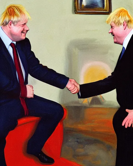 Prompt: an oil painting of uk politician former prime minister boris johnson having a meeting with satan, smiling and shaking hands, 4 k detail