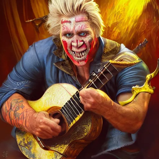 Image similar to detailed photo of a Half-orc bard portrayed by Gary Busey playing a lute, 8k,by Tristan Eaton, Stanley Artgermm, Tom Bagshaw, Greg Rutkowski, Carne Griffiths, trending on DeviantArt, face enhance, hyper detailed ,full of color, dramatic lightning, epic stance