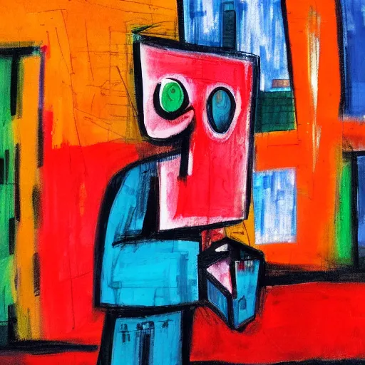 Image similar to man lost in new york city. expressionist painting.