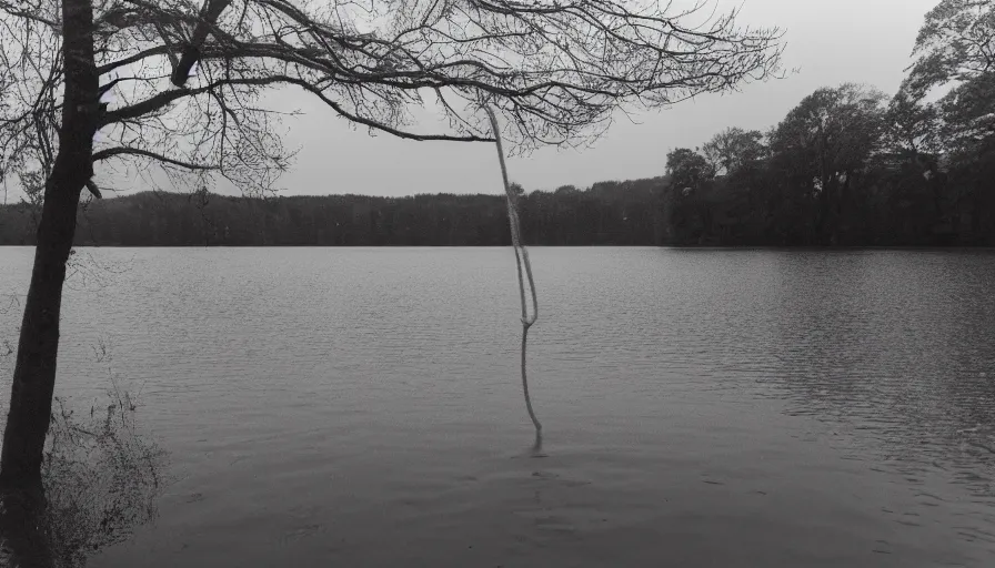 Prompt: photograph of an infinitely long rope on the surface of the water, the rope is zig zagging from the foreground towards the center of the lake, a dark lake on a cloudy day, trees in the background, moody scene, anamorphic lens, kodak color film stock