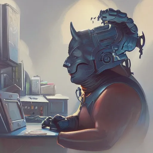 Image similar to a insanely detailed painting of a fat masked superhero wearing a costume sitting at a desk, staring at the nervously at the computer typing, in the style of peter mohrbacher, dramatic lighting and composition, trending on artstation, concept art, comic book