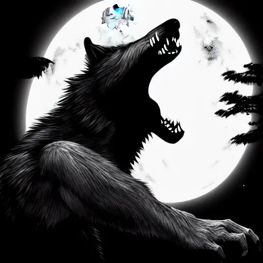 Image similar to werewolf howling at the full moon, side angle, artstation, highly detailed, intricate, black and white