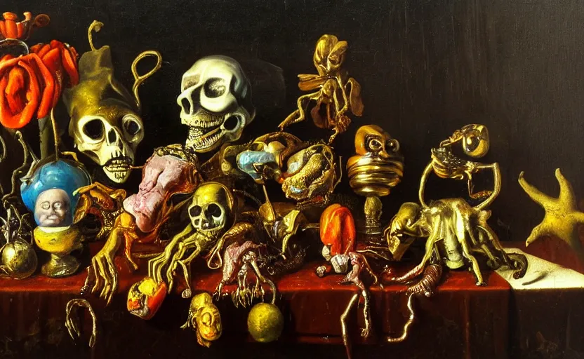 Image similar to disturbing colorful oil painting dutch golden age vanitas still life with bizarre humanoid faces strange beautiful flowers complex metal objects shiny gooey surfaces shiny metal bizarre insects rachel ruysch dali todd schorr very detailed perfect composition rule of thirds masterpiece canon 5 0 mm, cinematic lighting, chiaroscuro