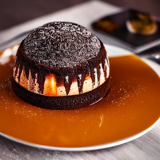 Image similar to extremely delicious looking photo of lava cake desert, expensive restaurant, top quality product, most perfect chocolate on the world, small manufacture, unique style, 8 k, product photography, professional studio photography