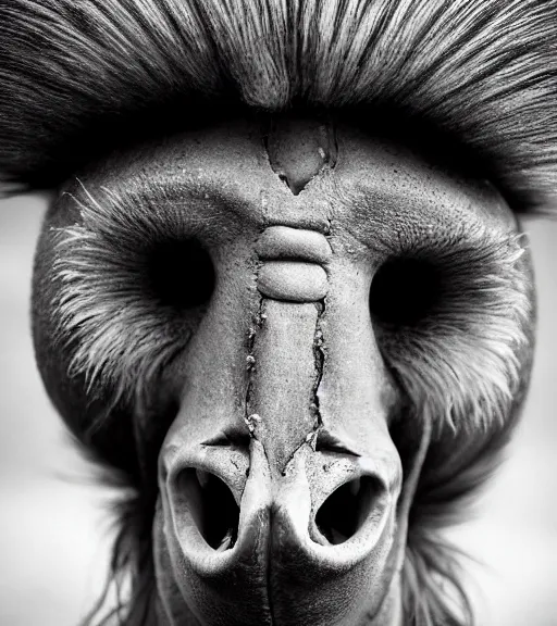 Prompt: Award winning Editorial up-angled photograph of Early-medieval Scandinavian Folk ostrich Baring its teeth with incredible hair and fierce hyper-detailed eyes and wide top lip by Lee Jeffries and David Bailey, 85mm ND 4, perfect lighting, a heart-shaped birthmark on the forehead, dramatic highlights, wearing traditional garb, With very huge sharp jagged Tusks and sharp horns, gelatin silver process