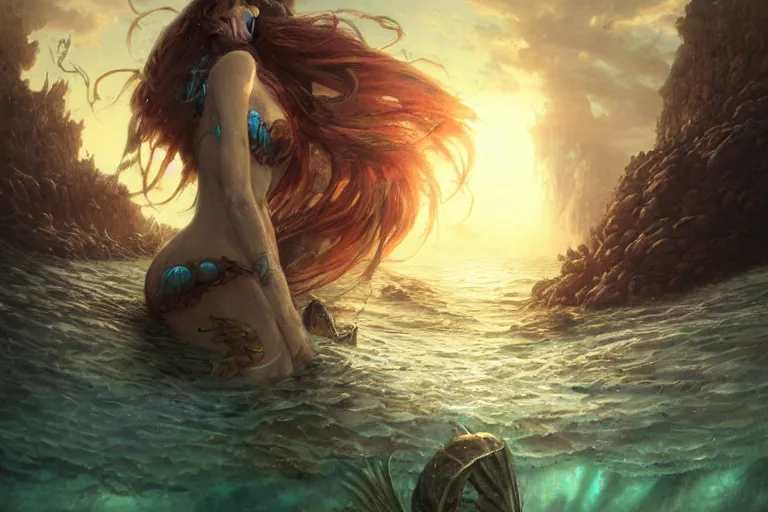 Image similar to a beautiful mermaid looking at the sunken city of Atlantic under water, ray of sunlight, Greg Rutkowski, Mohrbacher