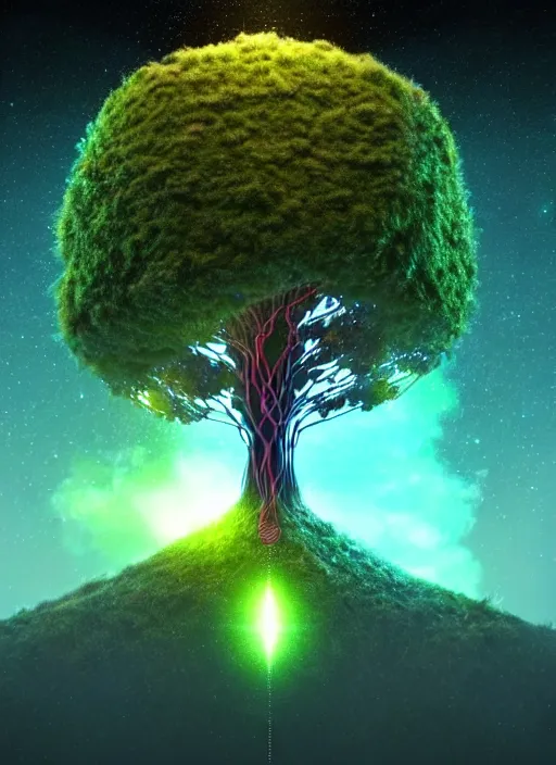 Image similar to high depth, collective civilization tree, calm, healing, resting, life, hybrids, scifi, glowing lights, published concept art, art in the style of all and none and everything and infinity