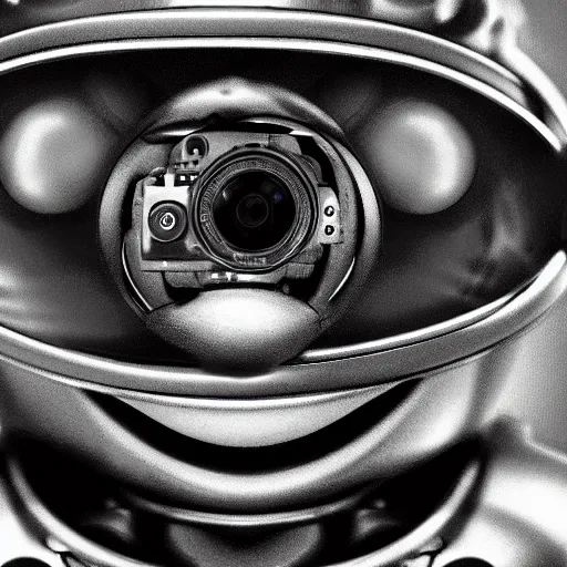 Prompt: cyborg frog with a camera lens as a head, front profile, monochromatic photo