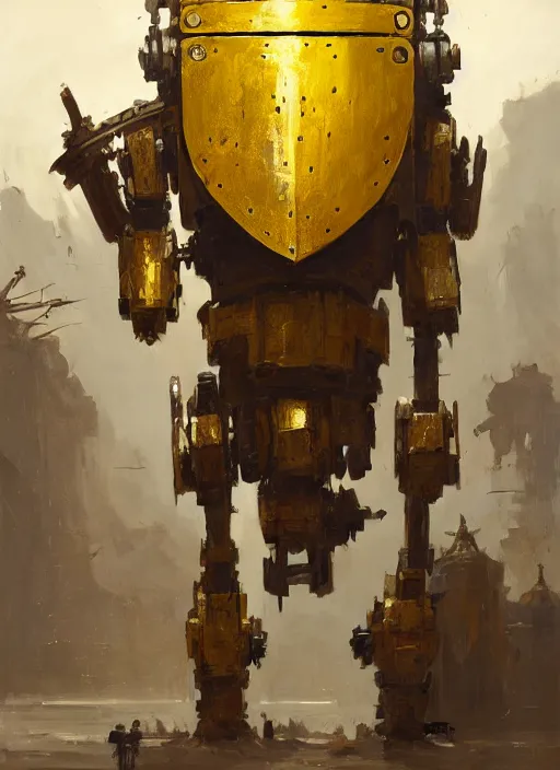 Image similar to human-sized strong intricate yellow pit droid carrying very detailed perfect antique great sword and beautiful large paladin shield, pancake short large head, exposed metal bones, painterly humanoid mecha, away, by Greg Rutkowski
