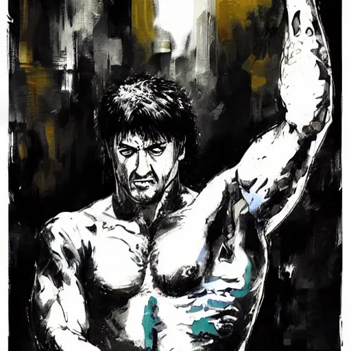 Prompt: an illustration of Stallone as Rambo by Yoji Shinkawa