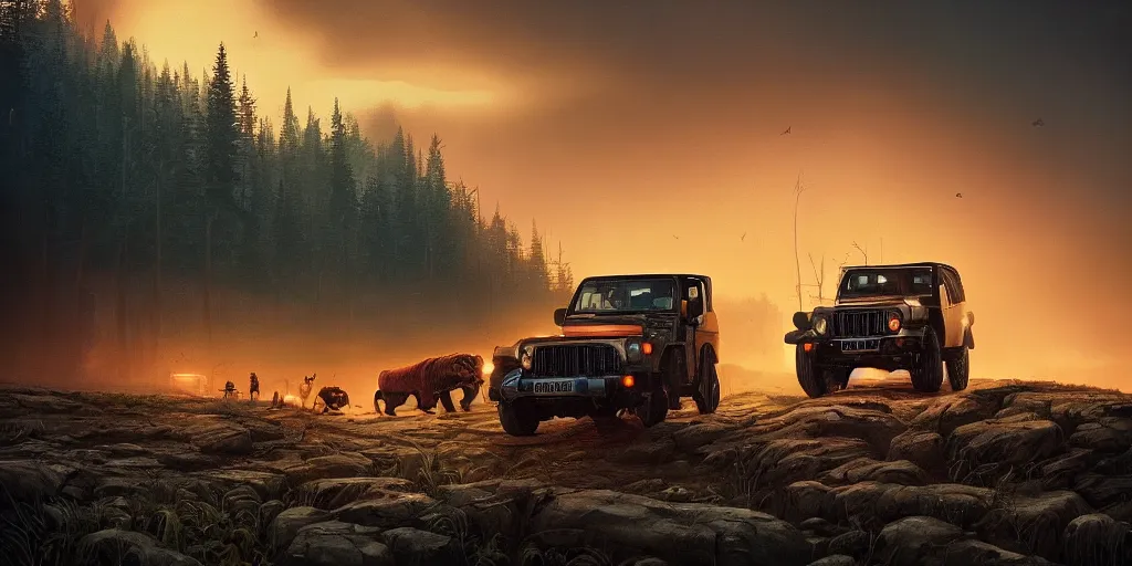 Image similar to Mahindra thar, headlights turned on, animals attacking, furious action scene, an epic fantasy, dramatic lighting, cinematic, establishing shot, extremely high detail, photorealistic, cinematic lighting, matte painting, artstation, by simon stalenhag, horizon forbideen west