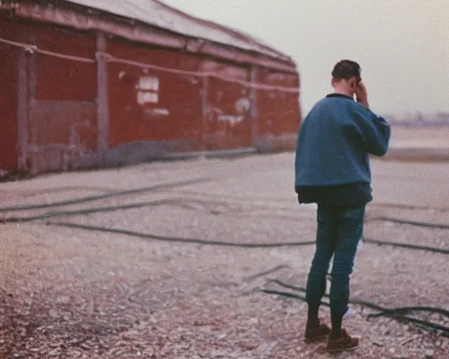 Image similar to lomo photo of man standing on the roof of soviet hrushevka, small town, cinestill, bokeh, out of focus