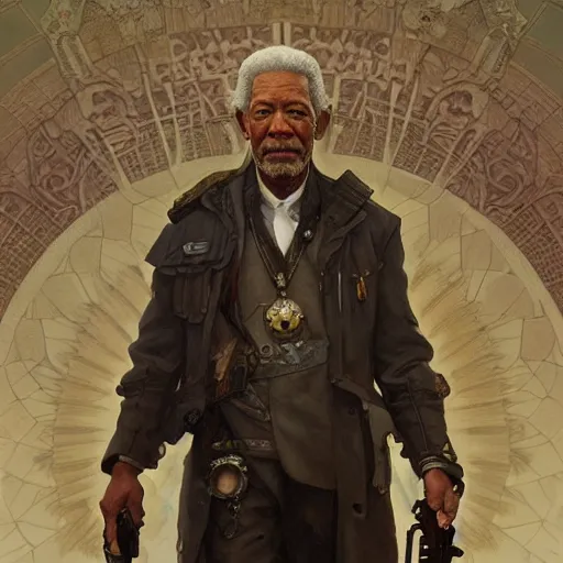 Prompt: Morgan Freeman as a Dieselpunk deity, intricate, highly detailed, digital painting, artstation, concept art, sharp focus, illustration, art by greg rutkowski and alphonse mucha