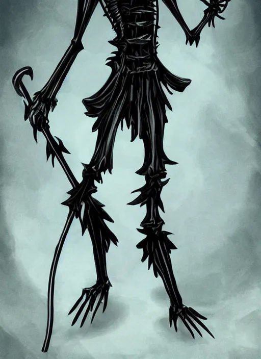 Image similar to DND character concept, Tall skeletal figure, wearing a deep black suit!!! and tie and top hat, holding a golden cane. Surrounded by light blue!!! flames!!